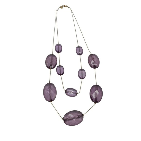 Vintage V Signed Double Strand Purple Glass Beaded Necklace With Gold Tone Chain - Picture 1 of 5